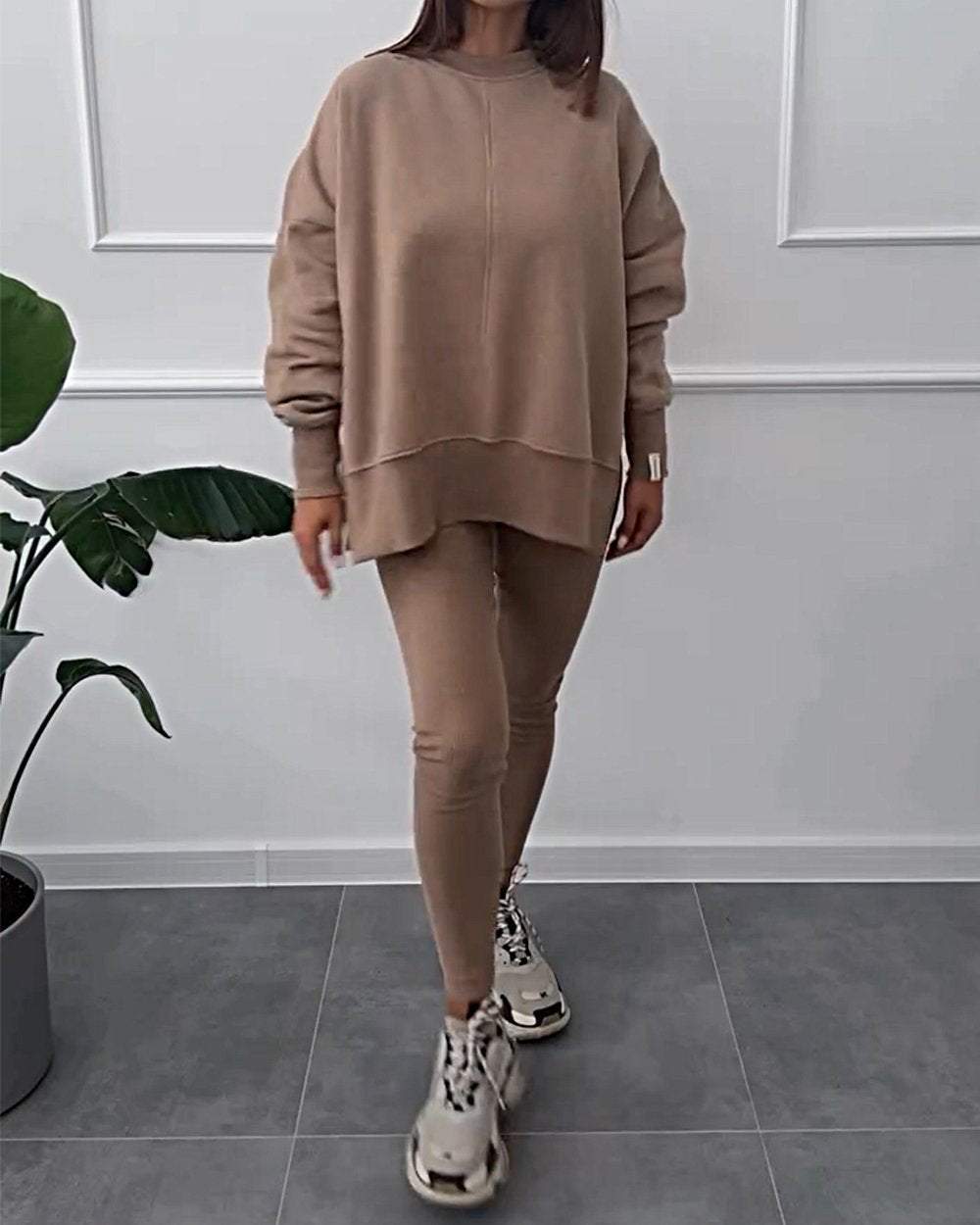 Women's Solid Color Casual Pullover Sweatshirt Two-piece Set Set