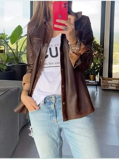 Women's Casual Pocket Leather Jacket Jackets