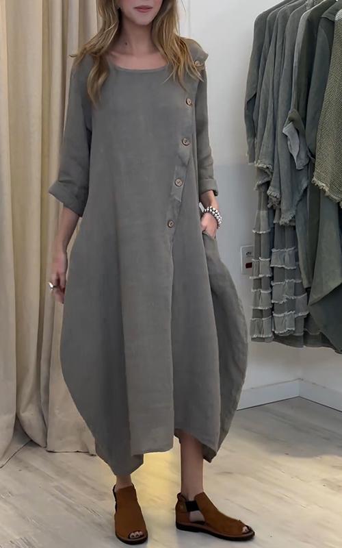 Women's Casual Round Neck Solid Color Cotton and Linen Dress Cotton and Linen Dress