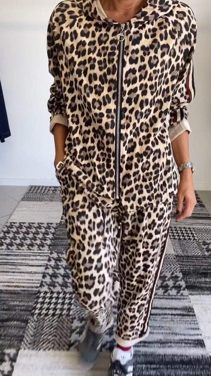 Hooded Long-sleeved Leopard Print Casual Suit Pant sets sets Two piece sets