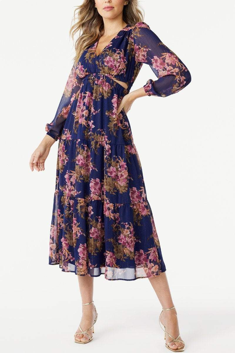 Women's Floral V-neck Long-sleeved Dress Dress Midi dress