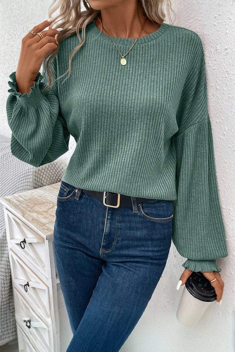 Women's Casual Solid Color Pit Strip Lantern Sleeve Top sweatshirts Top