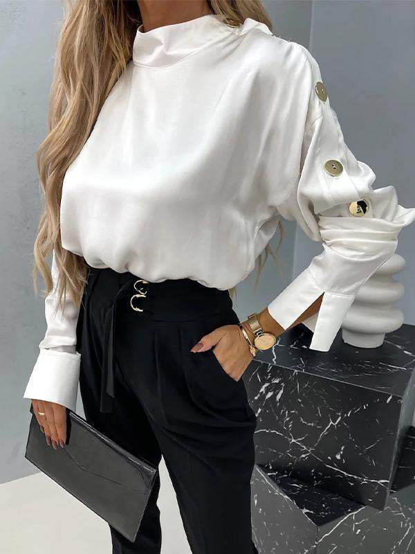 Women's Spring and Fall Solid Color Design Long Sleeve Top Blouse Tops