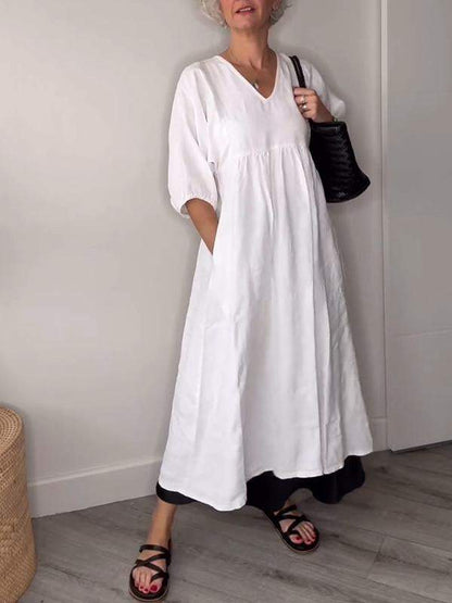 Women's V-neck Solid Color Mid-length Sleeve Dress Cotton and linen Dress