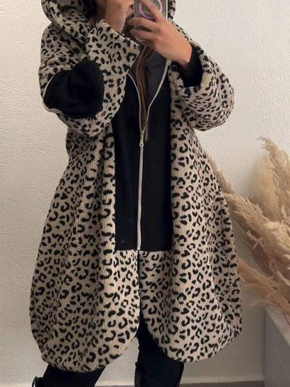 Women's Leopard Print Long Sleeve Hooded Coat Coat Tops