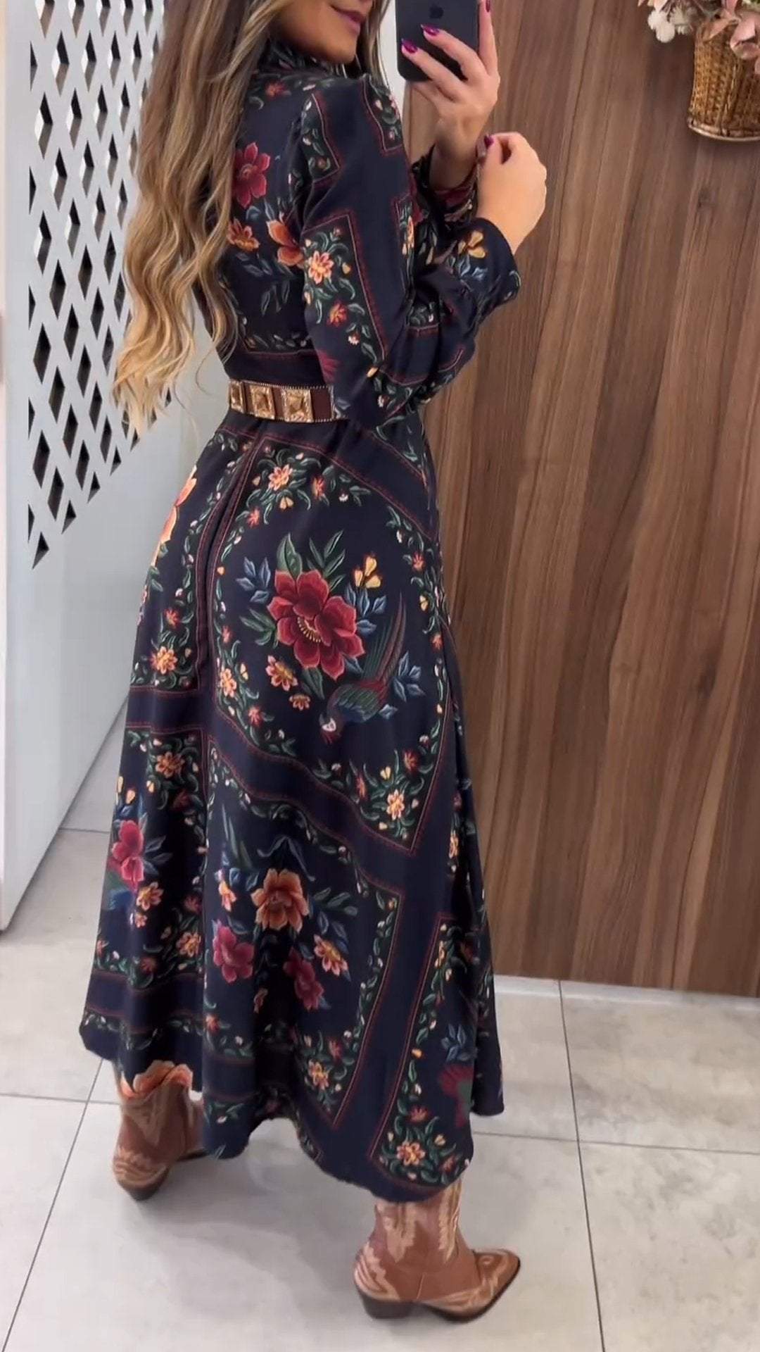 Women's Lapel Long Sleeve Retro Print Casual Dress dress