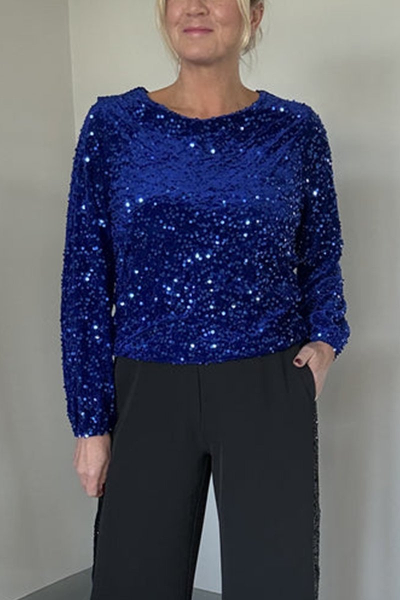 Women's Round Neck Long Sleeve Sequined Party Top Shirts & Blouse Top