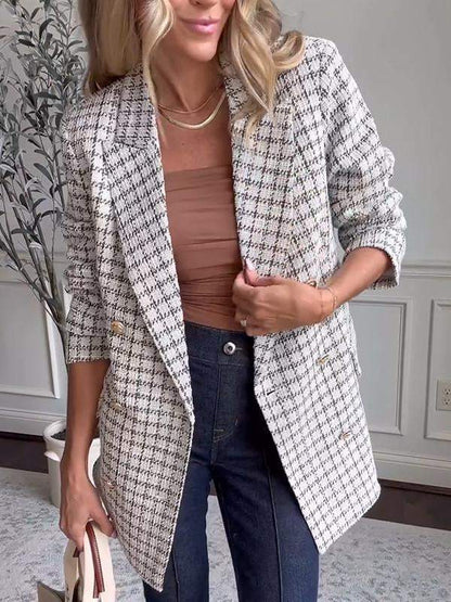 Women's Casual Lapel Single-breasted Plaid Suit Jacket Cotton Jacket