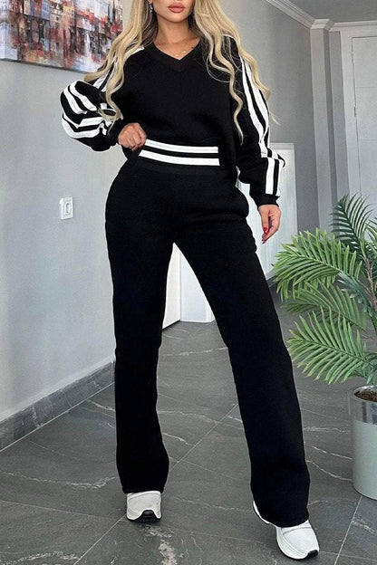 V-neck Long-sleeved Striped Design Casual Sweatshirt Suit Pant sets sets Two piece sets