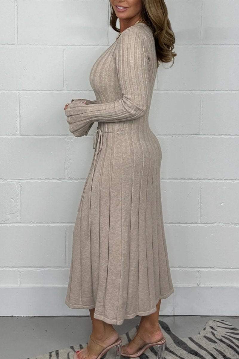 Women's Ribbed V-Neck Long Sleeve Tie Waist Knitted Maxi Dress Dress