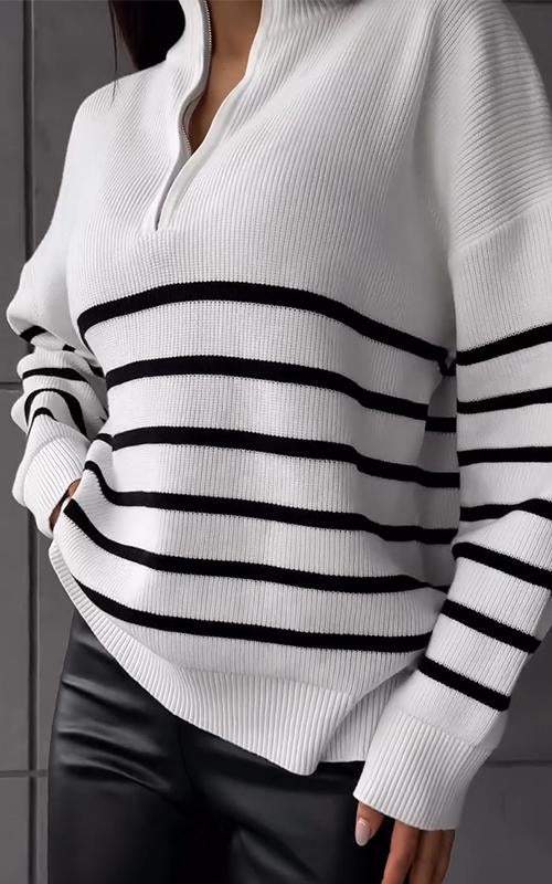 Women's Stand Collar Striped Knitted Top Cotton Top