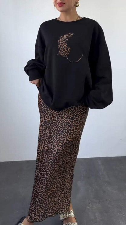 Women's Round Neck Long Sleeve Leopard Print Sweater Dress Suit sets Skirt sets Two piece sets