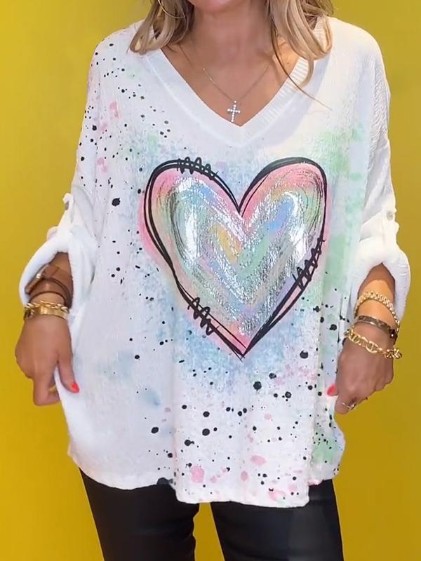 Casual V-neck Love Printed Long-sleeved Top Cotton and linen Top