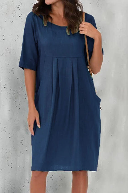 Cotton and Linen Pleated Pocket Casual Dress Dress