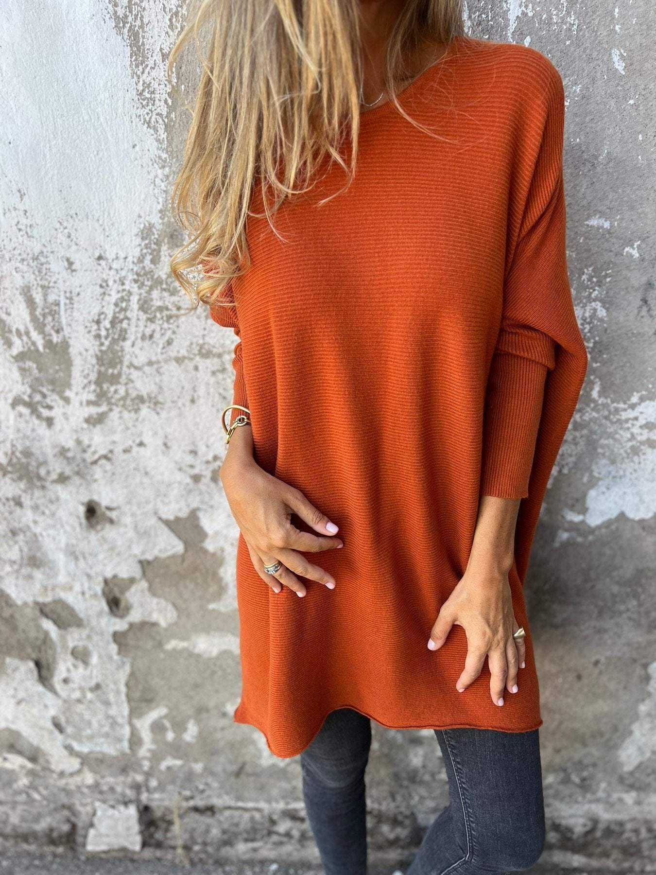 Round Neck Long Sleeve Knitted Top cotton Top