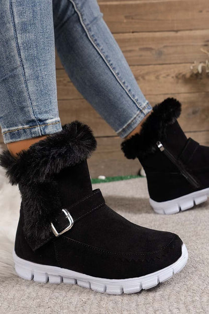 Women's round toe flat buckle side zipper thickened short boots Shoes