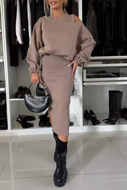 Women's Solid Color Pullover Hoodie Sleeveless Side Open Dress Set