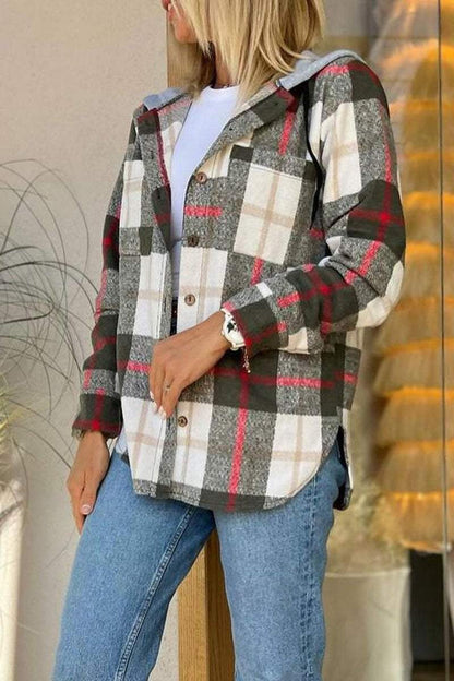 Casual Plaid Button-down Long-sleeve Hooded Shirt Shirt Tops