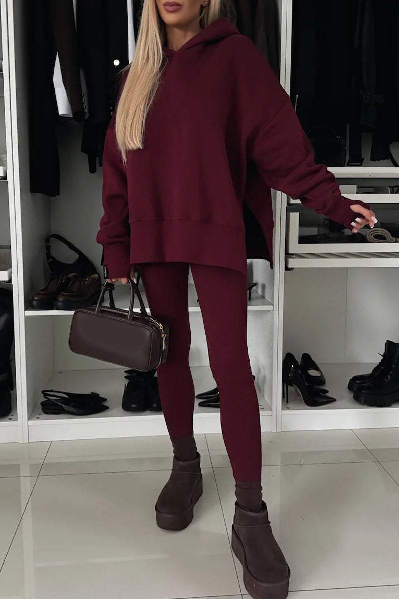 Women's Fall/winter Solid Color Crew-neck Side Slit Hoodie Set Pant sets Sets Two piece sets