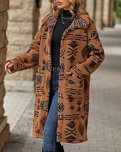 Women's Western Retro Print Long Sleeve Coat Coat