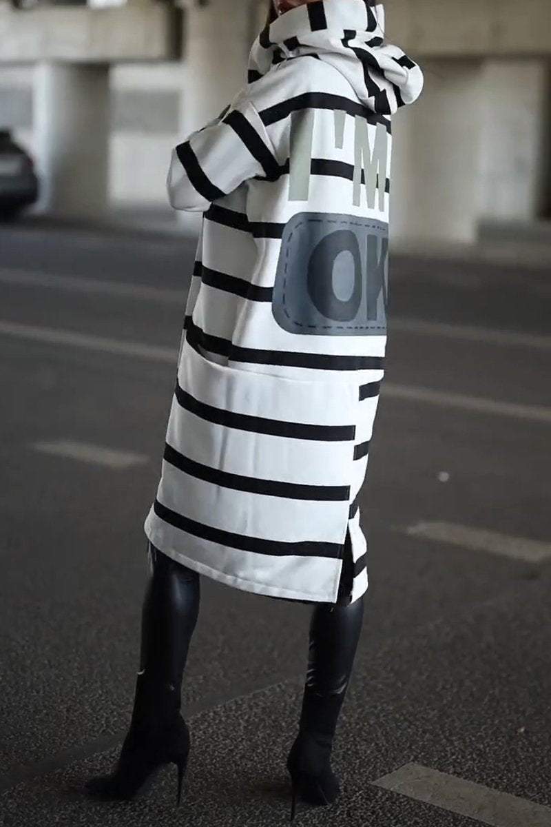 Women's Casual Hooded Striped Mid-length Coat Coats Cotton Top