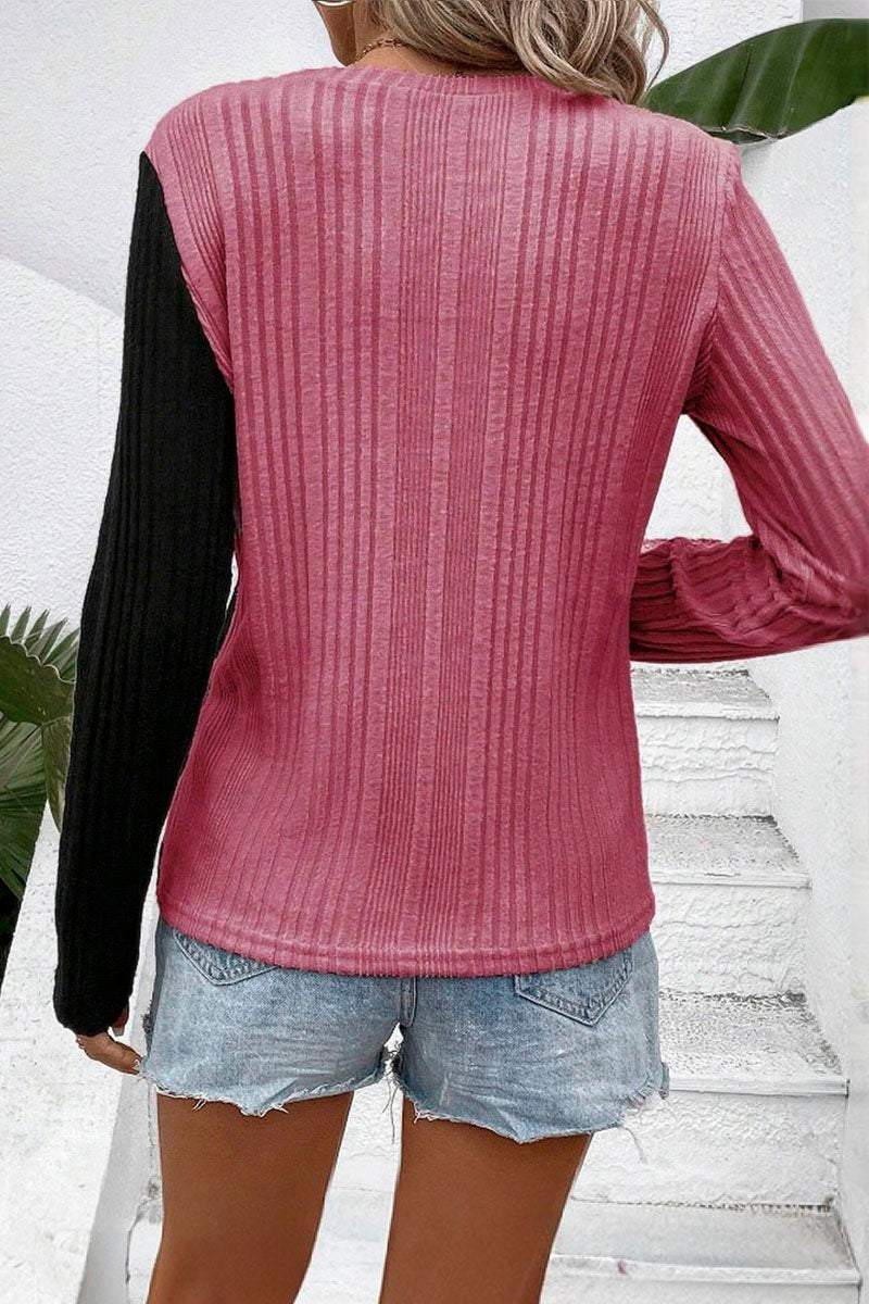 Women's Patchwork Contrasting Pitted Knit Top T-shirts Top