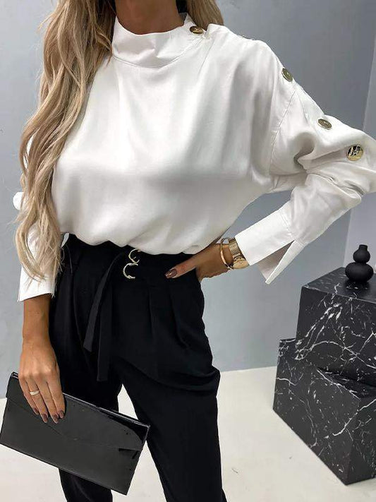 Women's Spring and Fall Solid Color Design Long Sleeve Top Blouse Tops