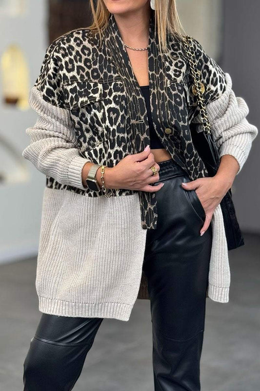 Women's Casual Leopard Print Knit Patchwork Long Sleeve Jacket Jacket Tops