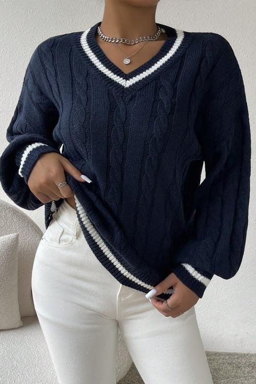 Women's Casual Contrast Textured V-Neck Sweater sweaters Top