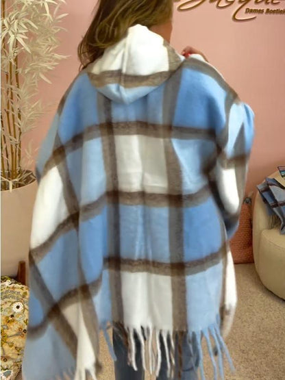 Women's Hooded Long-sleeved Plaid Tassel Cape Coat tops