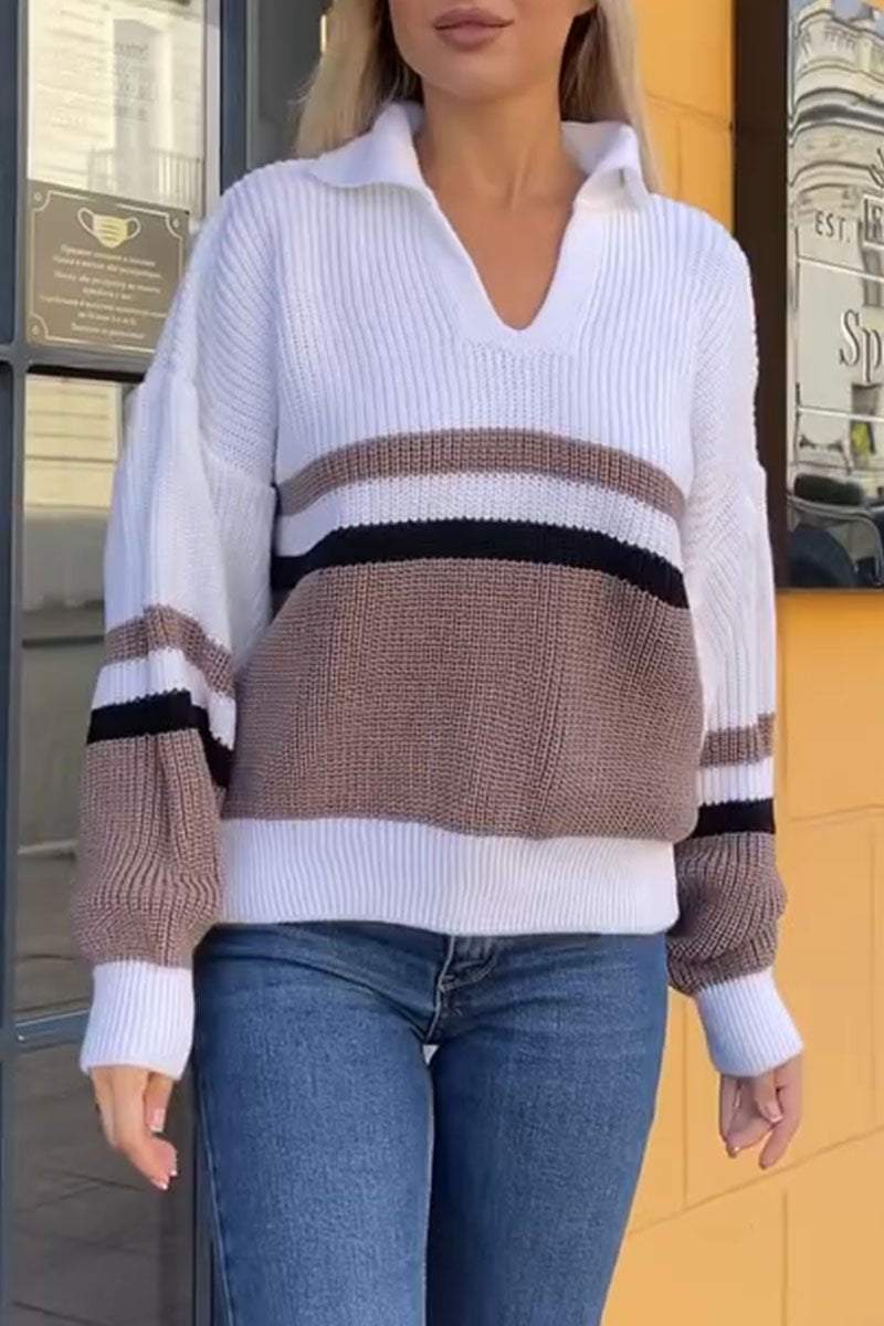 Women's Casual Colorblocked V-Neck Lapel Sweater Sweater Tops