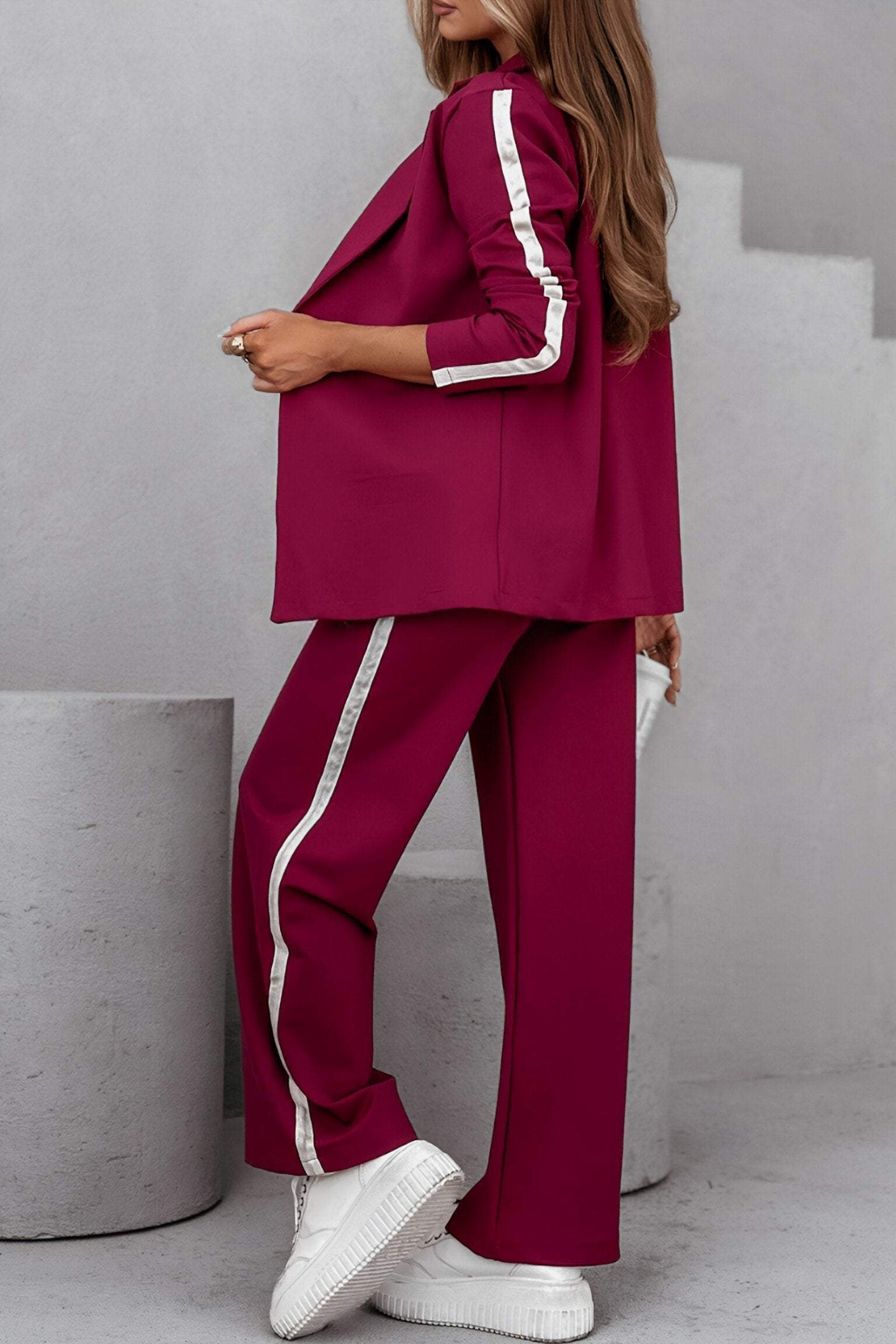 Women's Side Striped Lapel Long Sleeve Casual Suit Sets Two piece sets