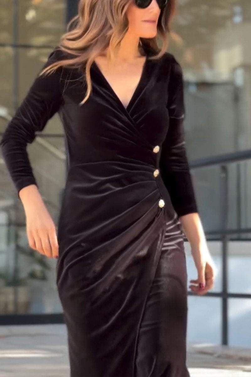 Women's V-neck Long-sleeved Suede Dress Dress Midi Dress