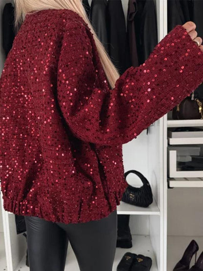 Women's Round Neck Long Sleeve Sequined Casual Coat Coat Tops