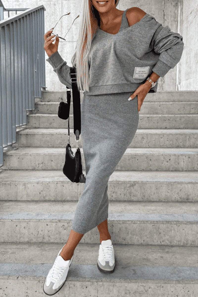 Women's Hooded Long Sleeve Casual Sweater Suit Dress sets Skirt sets Two piece sets