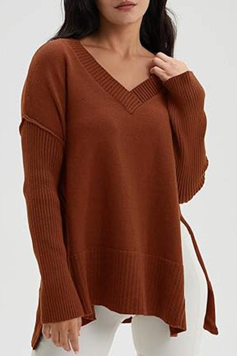 Women's V-neck Slit Knit Blouse Blouse Tops