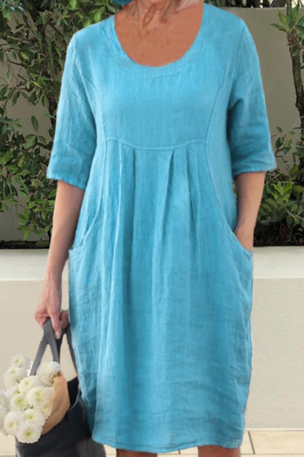 Cotton and Linen Pleated Pocket Casual Dress Dress