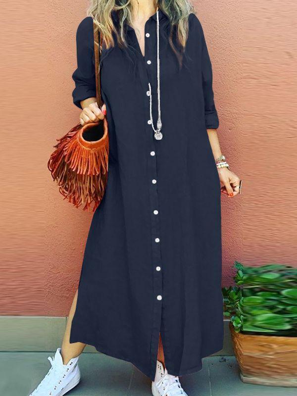 Women's Lapel Long-sleeved Cardigan Cotton and linen Dress Cotton and linen Dress