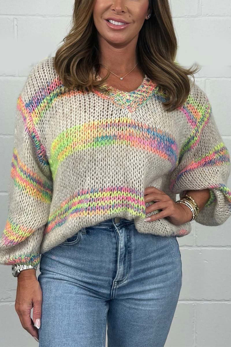 Women's V-Neck Multicoloured Stripe Knit Jumper Sweaters Tops