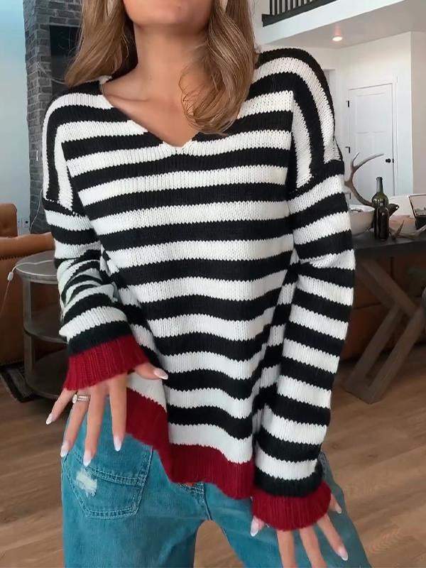 Women's V-neck Striped Sweater Cotton Sweater