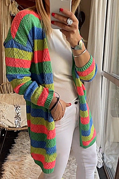 Women's Contrast Color Loose Casual Sweater Cardigan Sweater Tops