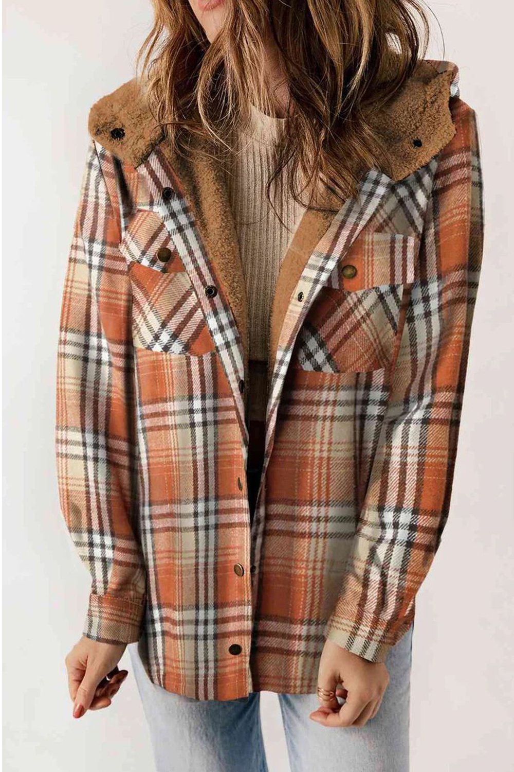 Plaid Pattern Sherpa Lined Hooded Shacket Hooded Tops