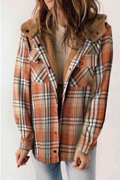 Plaid Pattern Sherpa Lined Hooded Shacket Hooded Tops