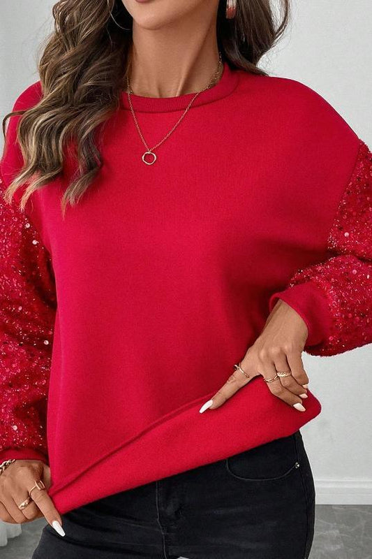 Ladies Casual Sleeve Sequin Patchwork Sweatshirt sweatshirts Top