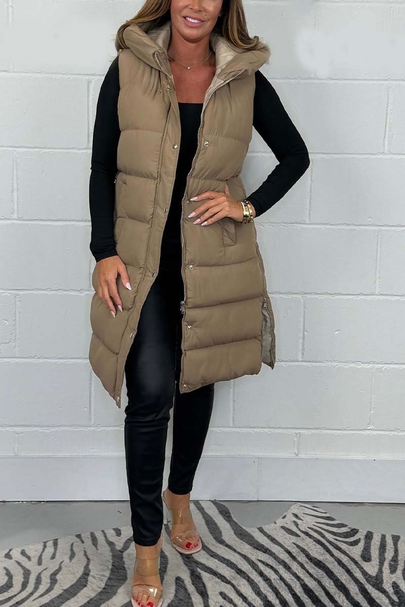 Women's Hooded Longline Puffer Gilet Body Warmer Coats Jackets Tops