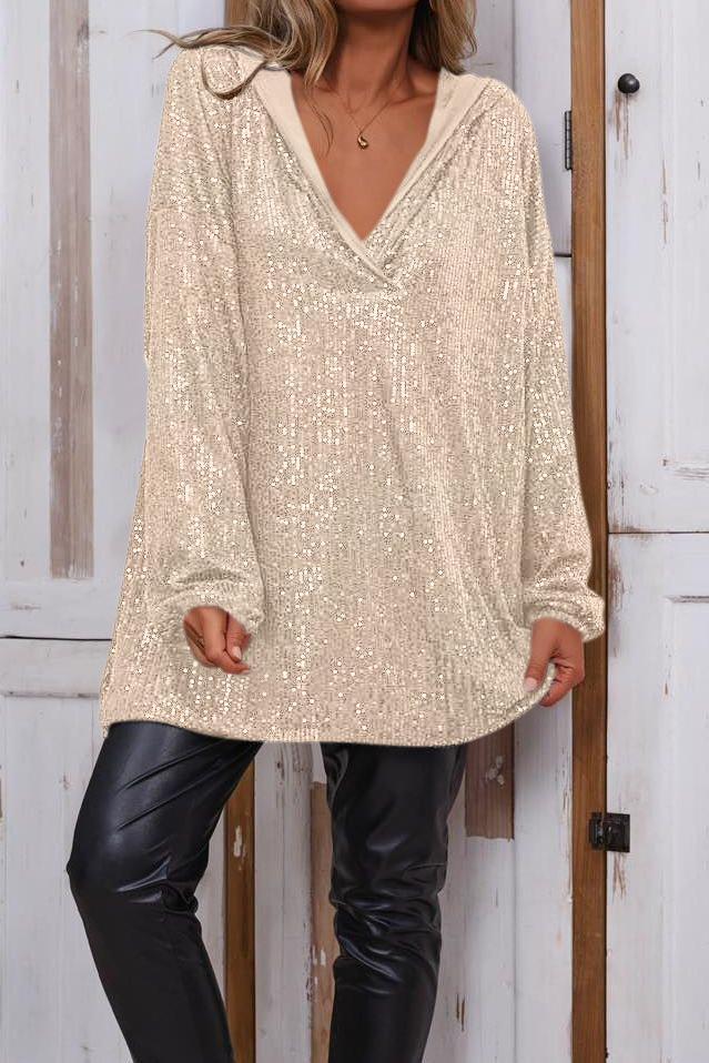 Women's Casual Solid Color V-neck Sequined Hooded Top T-shirts Top