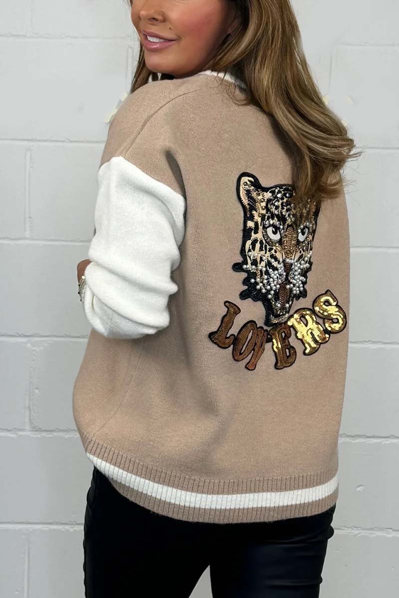 Women's Camel & Cream Baseball Style Cardigan With Sequin Cheetah Detail Sweaters Tops