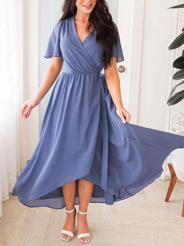 Women's V-neck Solid Color Short-sleeved Chiffon Waist Dress Chiffon Dress