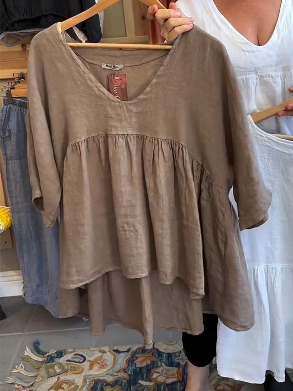 Women's V-neck Solid Color Mid-sleeve Top Cotton and linen Top