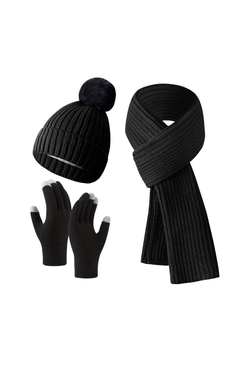 Knitted Hat, Double-layer Fleece Warm Wool Scarf, Gloves, Three-piece Set Gloves Hat Scarf Three-piece Set